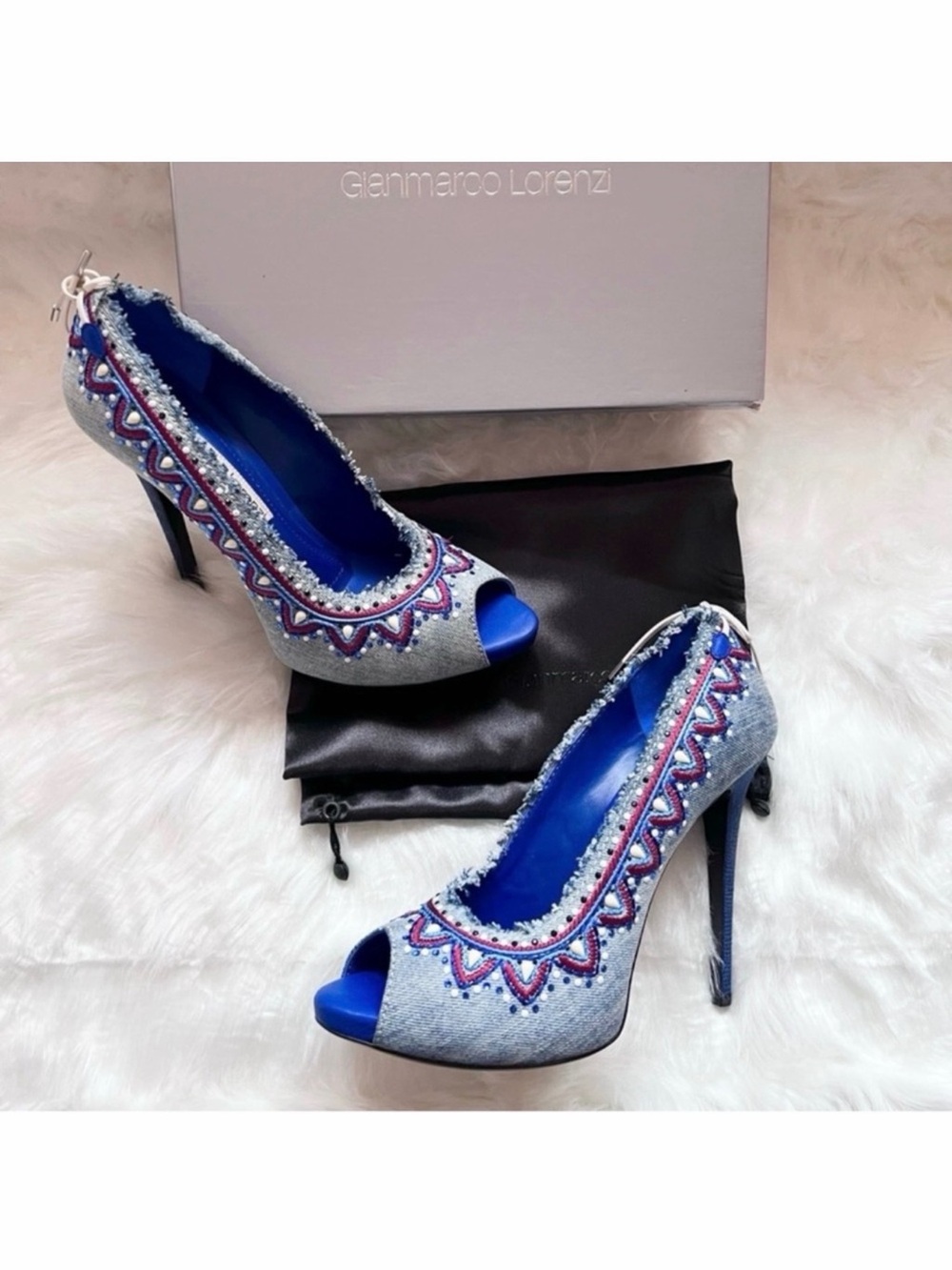 Gianmarco Lorenzi Blue Embellished Denim Peep-Toe Stilettos